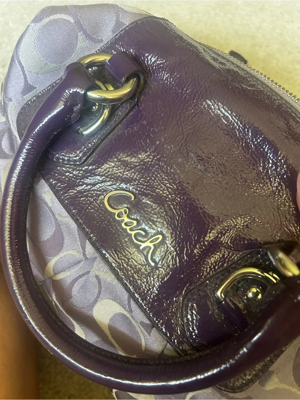 Coach Purple Signature Canvas Satchel with Leather Trim